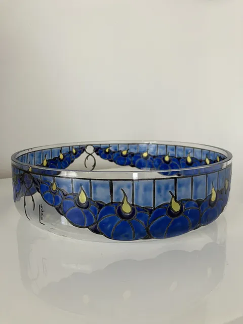 Coupe Art Déco bleu jaune et noir - Verrerie de LEUNE