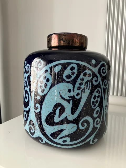 Pot Vase décor singes bleu turquoise fond violet - Fabienne Jouvin