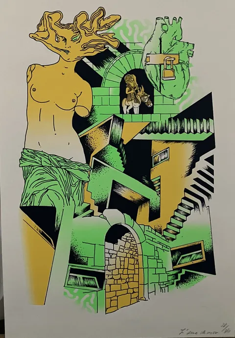 Lithographie originale art brut en couleurs - L’arme de croco