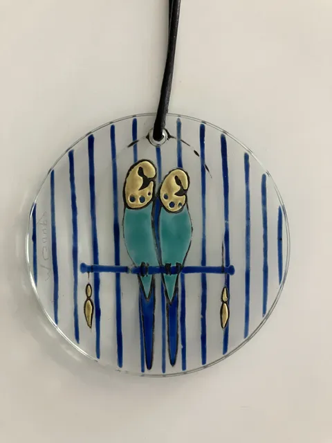 Pendentif verre émaillé Couple de perruches - Marcel Goupy